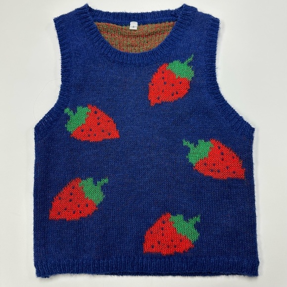 Jackets & Blazers - Strawberry print knit vest Womens XS Junior Small mohair blend pullover Kawaii